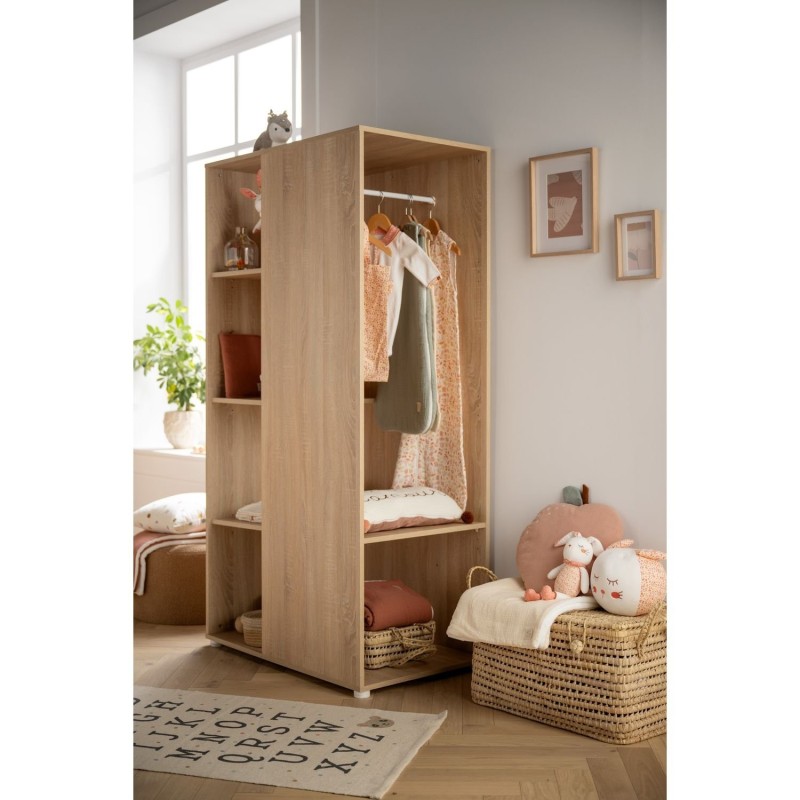 DÚO DE CAMA CON ESTANTERÍA Y ARMARIO DE PARED EN ROBLE DORADO