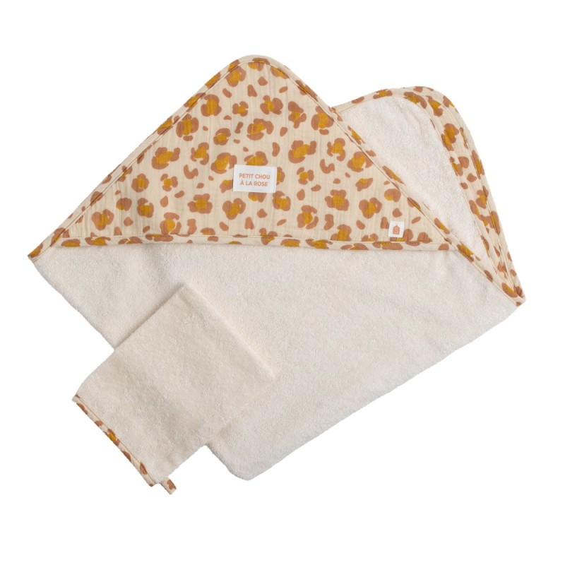 Capa de baño para bebé de gasa de algodón y manopla con estampado de leopardo de Petit Chou