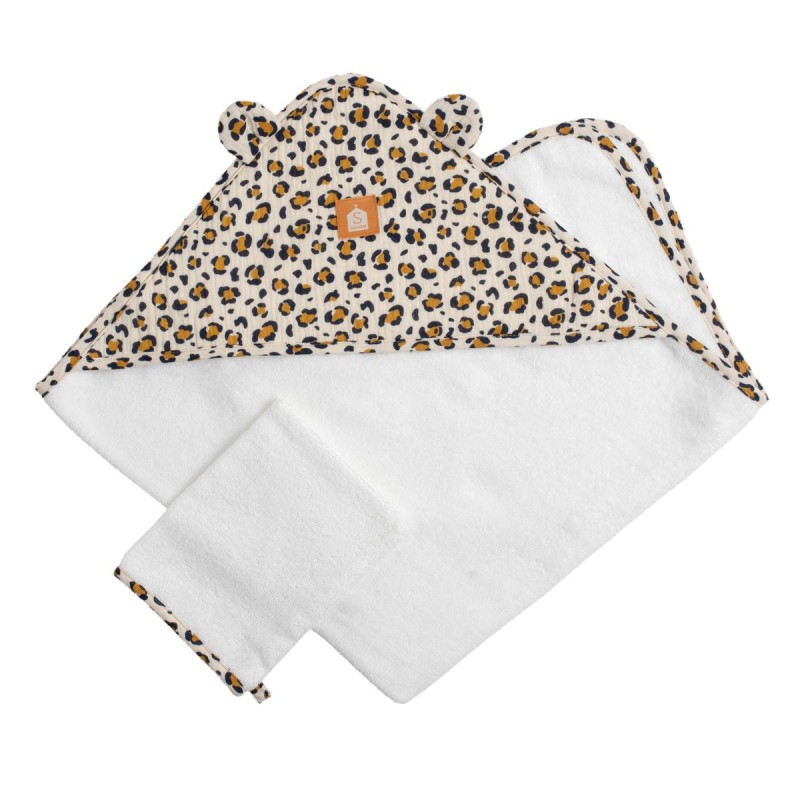 Baby bath cape made of cotton gauze and a leopard-print washcloth
