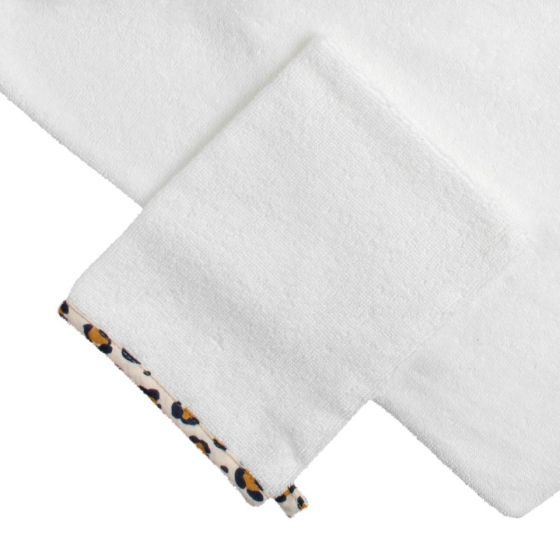 Baby-Bademantel aus Baumwollgaze und Handschuh mit Leopardenmuster