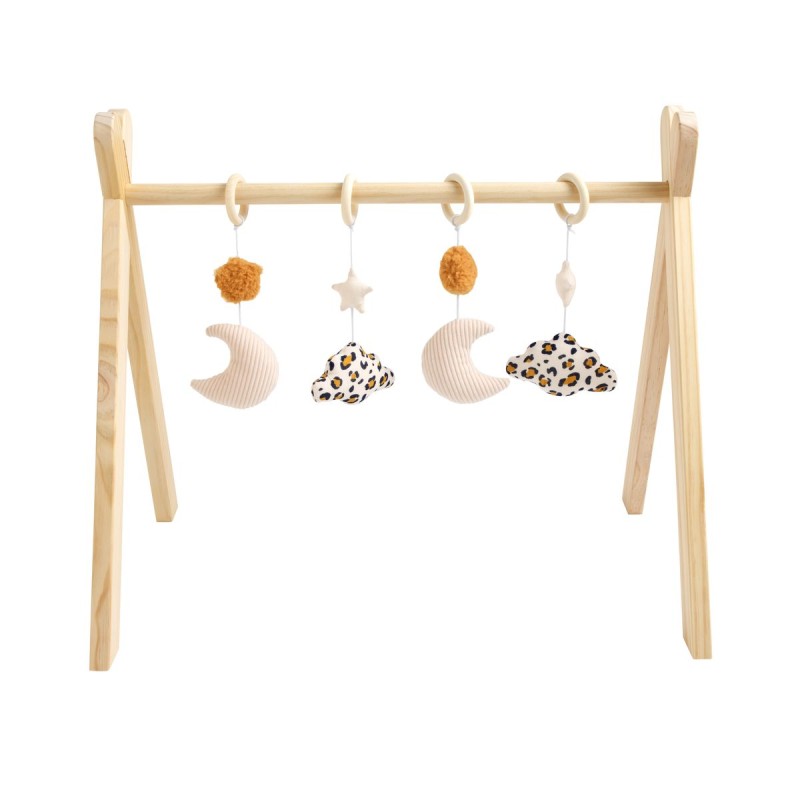 Wooden play arch with 4 toys