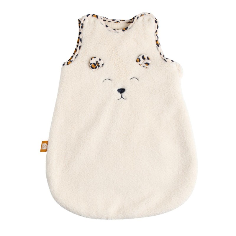 Winter baby sleeping bag for newborns in sherpa with leopard-print details