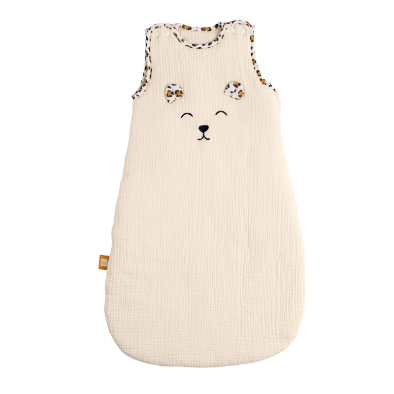 Winter baby sleep sack made of cotton gauze with leopard-print details