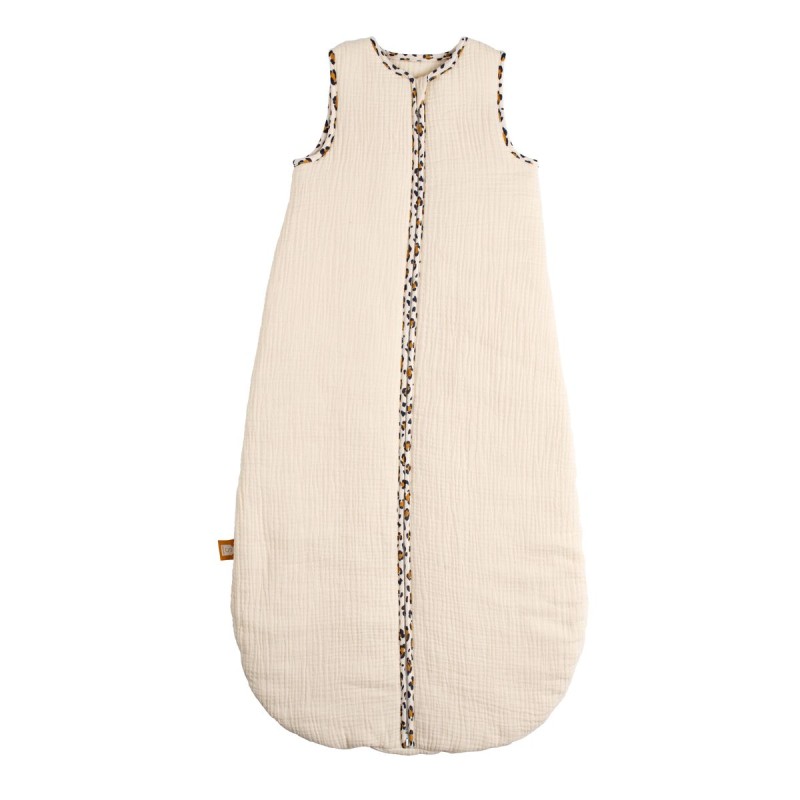Winter baby sleep sack made of cotton gauze with leopard-print details