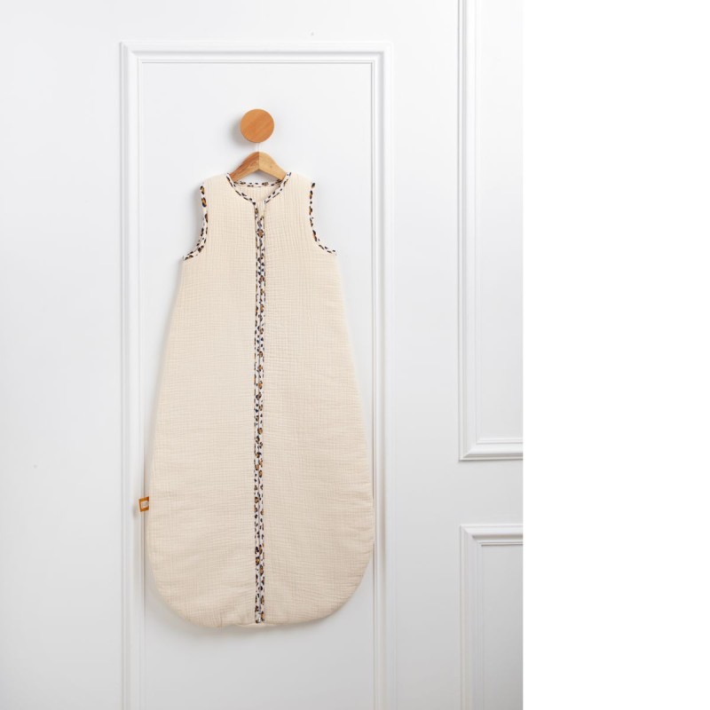 Winter baby sleep sack made of cotton gauze with leopard-print details