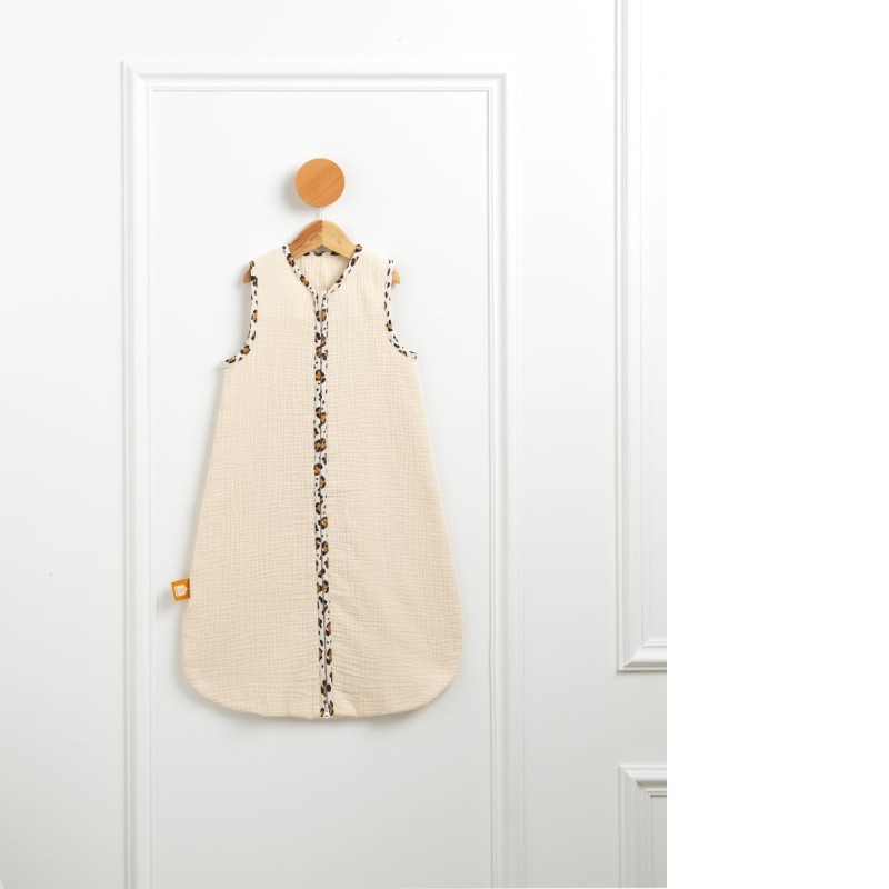 Summer baby sleep sack made of cotton gauze with leopard-print details