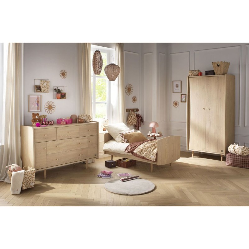 Kommode mit 5 Schubladen und 2 Türen, Dekor in Vintage-Eiche, vergoldete Griffe, „My Love“