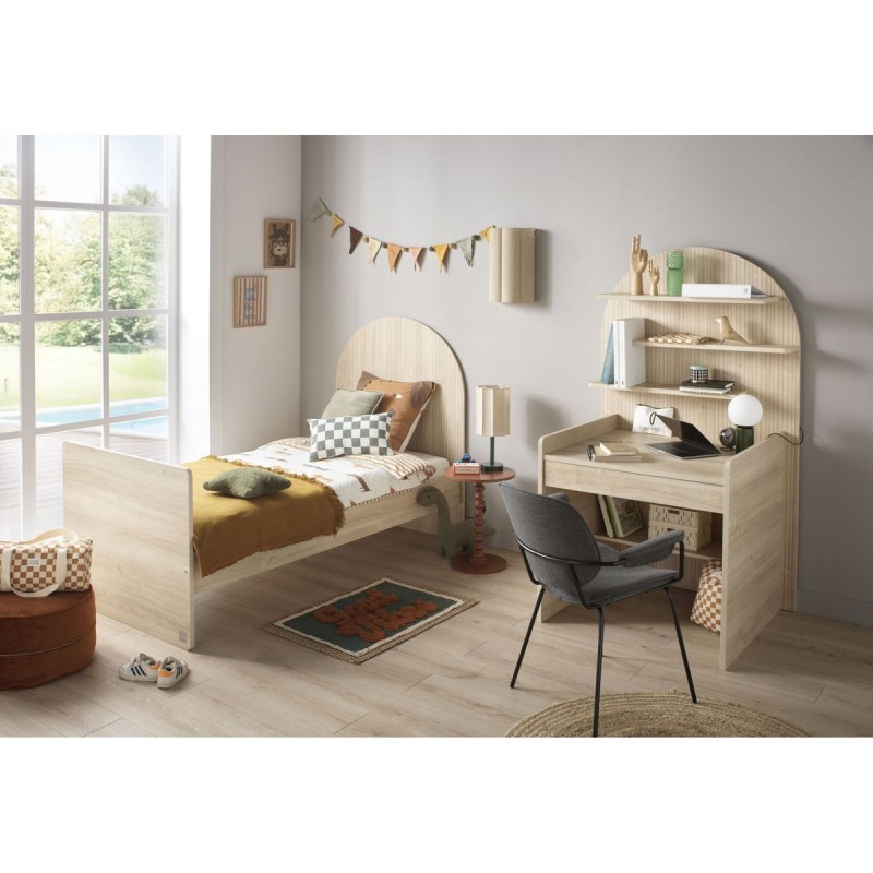 Jugendbett 90 x 190 cm – Sepia-Eiche-Optik – Kopfteil in Bogenform