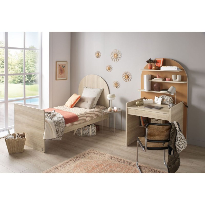 Jugendbett 90 x 190 cm – Sepia-Eiche-Optik – Kopfteil in Bogenform
