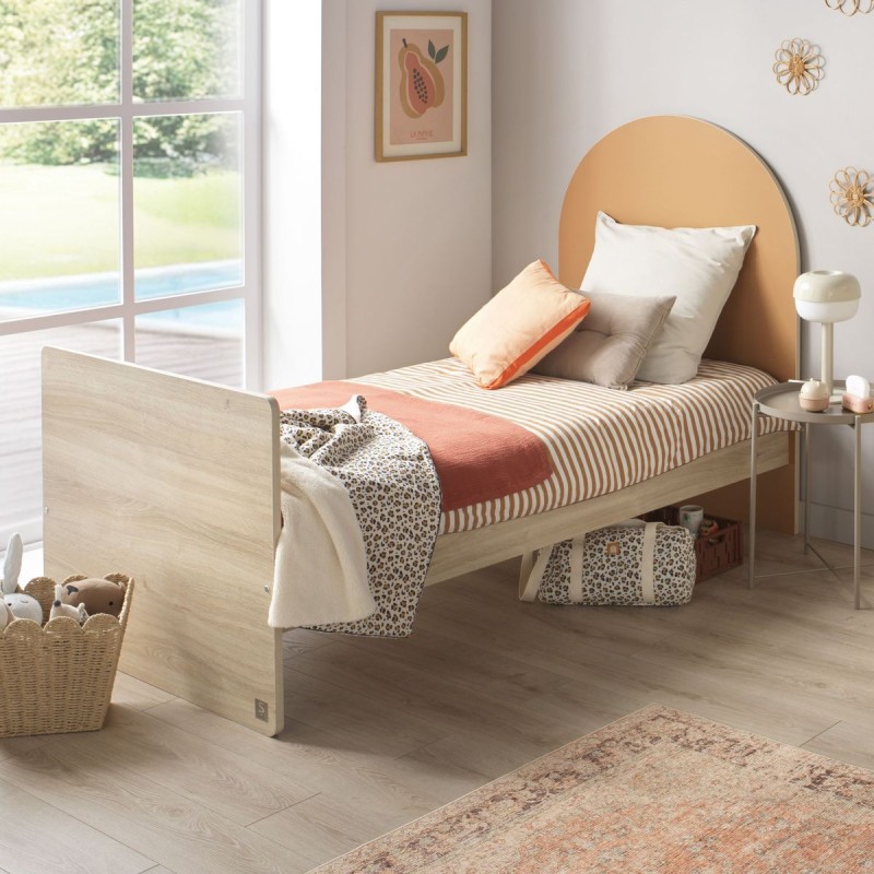 Jugendbett 90 x 190 cm – Sepia-Eiche-Optik – Kopfteil in Bogenform