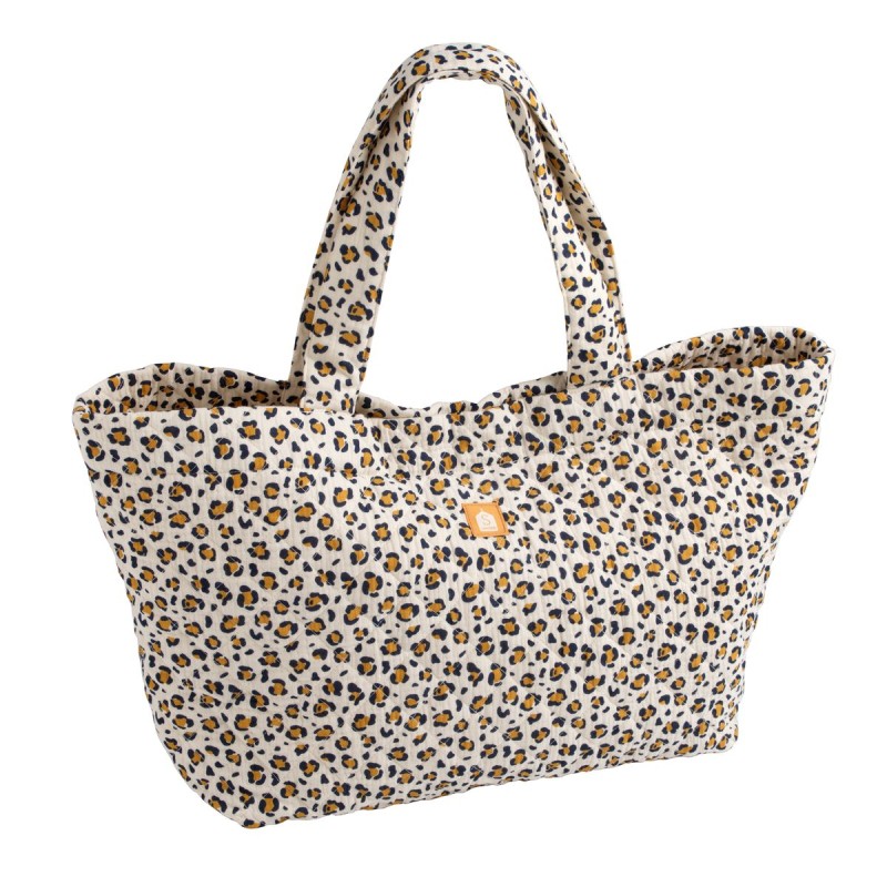 Borsa shopping in garza di cotone trapuntata con stampa leopardata