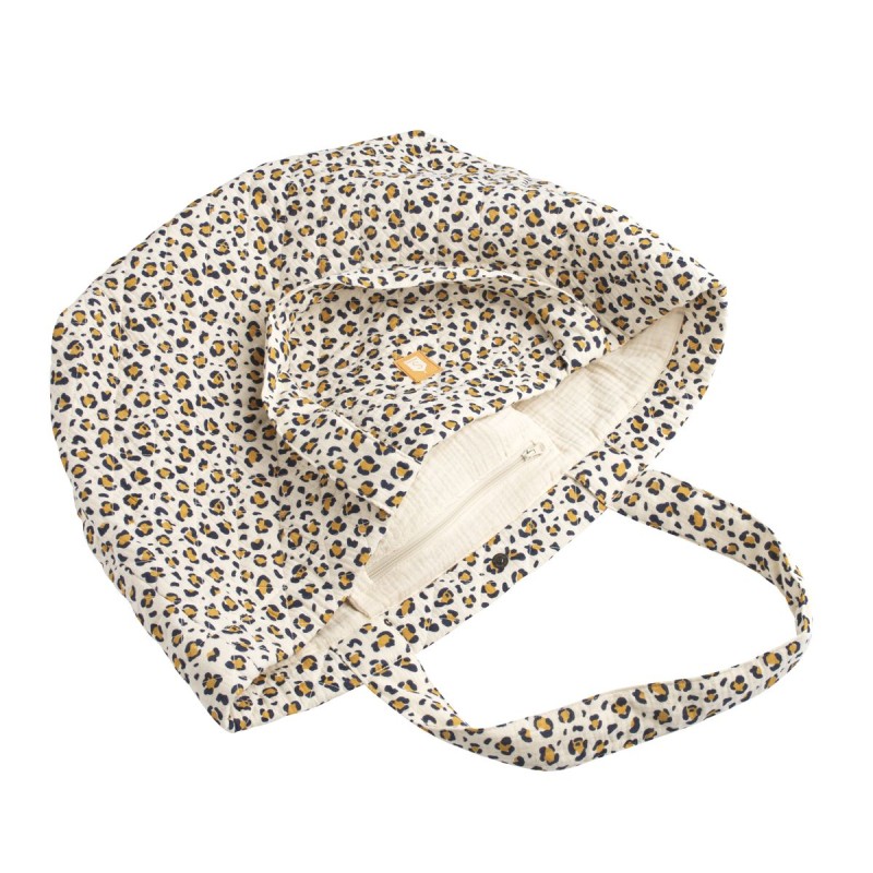 Borsa shopping in garza di cotone trapuntata con stampa leopardata