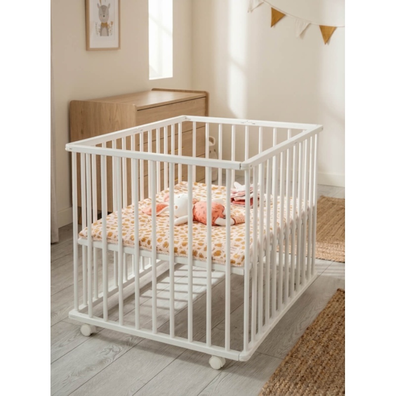 Parque infantil plegable de 75 x 100 cm, color blanco, con ruedas y fondo ajustable