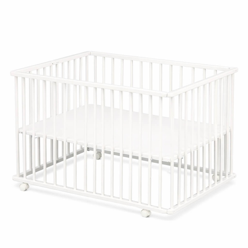 Parque infantil plegable de 75 x 100 cm, color blanco, con ruedas y fondo ajustable