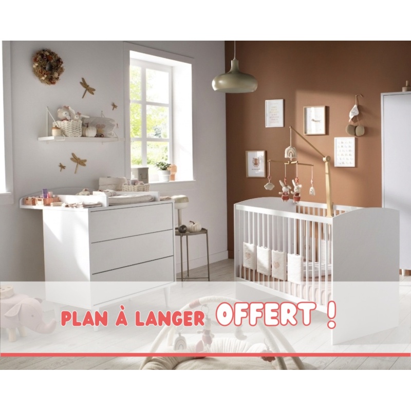 Chambre bébé 2 pièces Milann, Lit bébé 120x60 et Commode à langer + plan à langer offert !