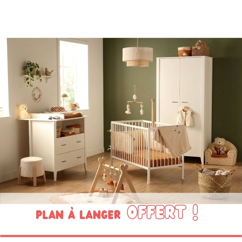 Chambre bébé 3 pièces Angèle, Lit bébé 120x60 à barreaux, Commode à langer, armoire 2 portes + plan à langer offert !