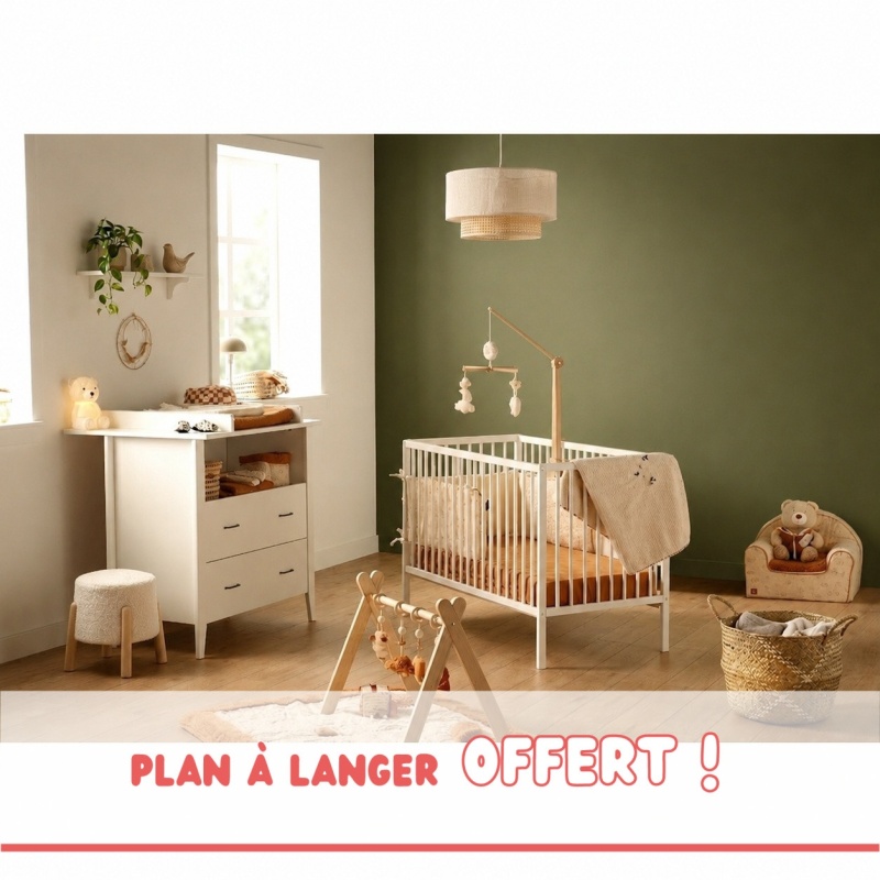 Chambre bébé 2 pièces Angèle, Lit bébé 60x120 à barreaux et Commode à langer 2 tiroirs + plan à langer offert !
