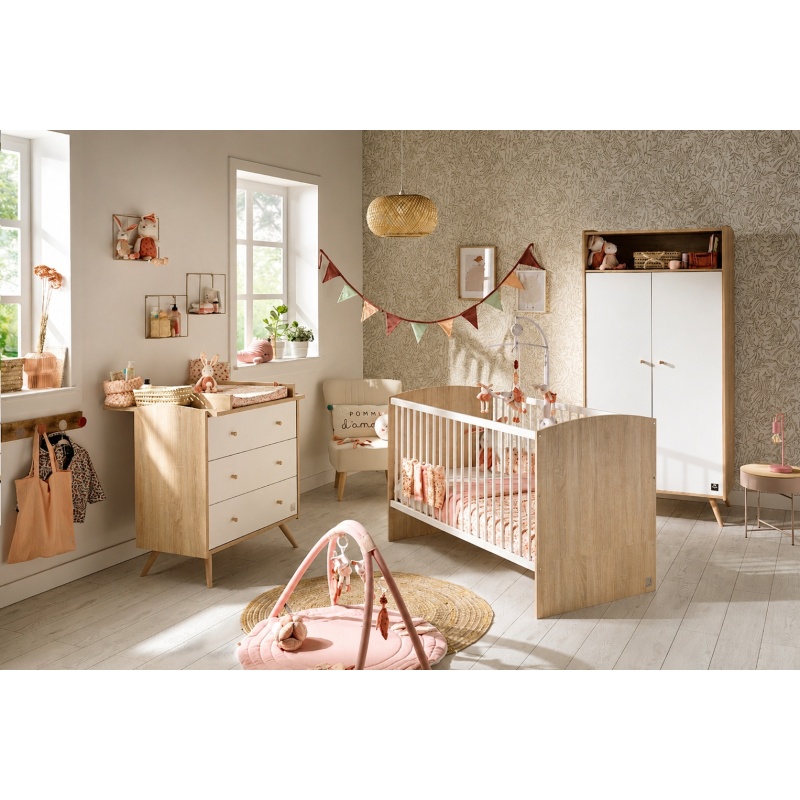 Chambre bébé trio: Lit bébé 70x140 évolutif, commode + armoire + plan à langer offert !