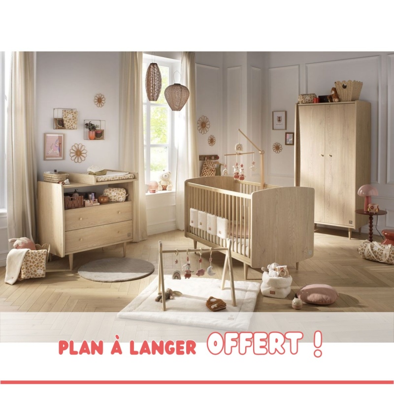 Chambre bébé trio évolutive My Love, Lit 140x70 évolutif Commode à langer 2 tiroirs et armoire + plan à langer offert !